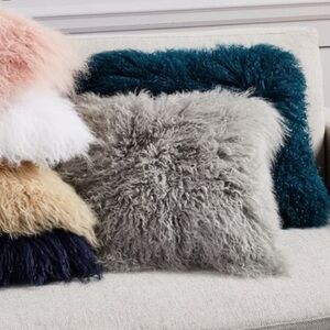 NWT West Elm Pearl Gray Mongolian Lamb Fur Pillow & Insert 16x16 New